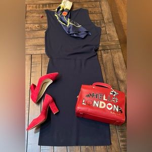 REISS Claudine draped shoulder pencil dress in Navy knit.  Size Large. NWT.